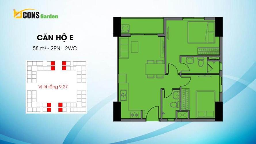 Layout căn hộ Bcons Garden Căn hộ Bcons Garden tầng cao hướng Bắc, ban công hướng Nam.