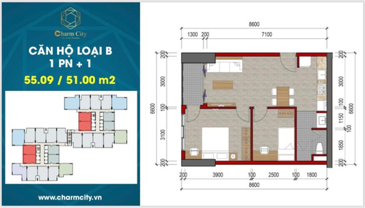Layout Căn hộ Charm City, Dĩ An Căn hộ Charm City hướng ban công tây nội thất cơ bản diện tích 56m²