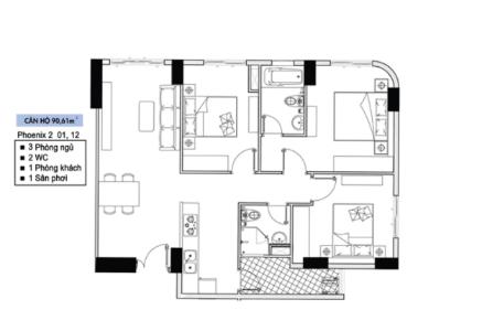 Layout căn hộ Topaz Elite, Quận 8 Căn hộ tầng 33 Topaz Elite có 3 phòng ngủ, không có nội thất.