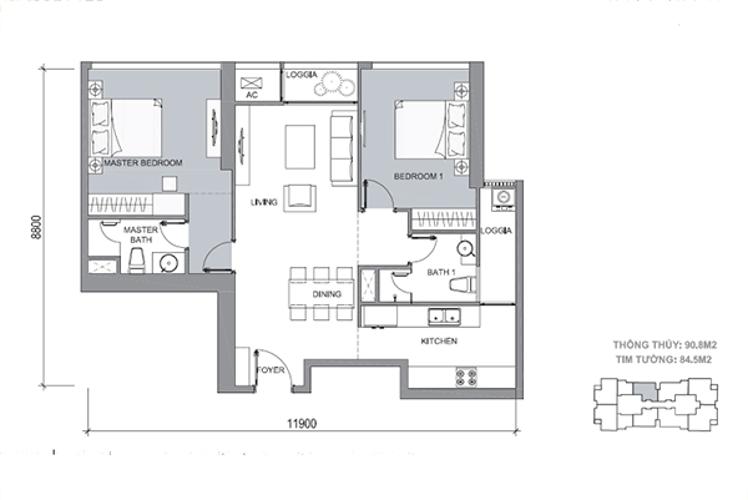 Mặt bằng căn hộ 2 phòng ngủ Căn hộ Vinhomes Central Park tầng cao C1, view sông, 2 phòng ngủ