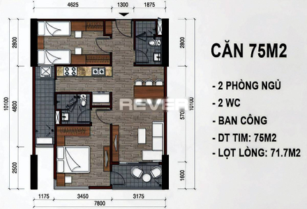 Layout căn hộ Flora Novia, Quận Thủ Đức Căn hộ Flora Novia tầng 12 diện tích 75m2, bàn giao nội thất cơ bản.