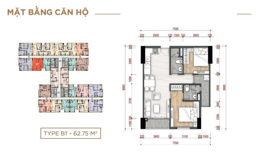 Căn hộ LA Partenza diện tích 55.6m2, ban công hướng Đong Nam mát mẻ.