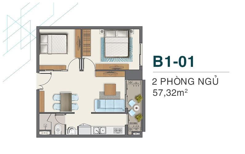 Layout căn hộ Boulevard Quận 7 Căn hộ Q7 Boulevard 2 phòng ngủ ban công thông thoáng.