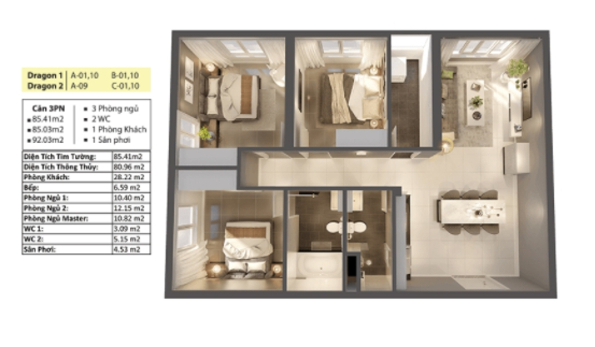 Layout căn hộ Topaz Elite, Quận 8 Căn hộ Topaz Elite tầng 28 diện tích 86m2, view hướng Đông Bắc thoáng mát.