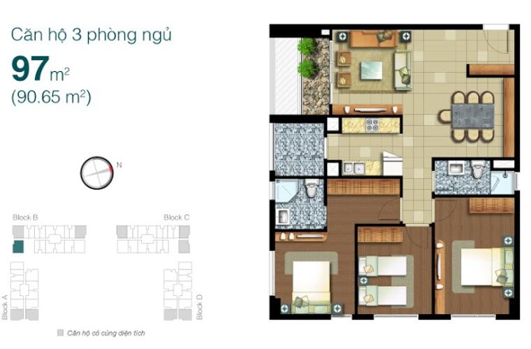 Mặt bằng căn hộ 3 phòng ngủ Căn góc Lexington Residence tầng cao LB đầy đủ nội thất, tiện nghi