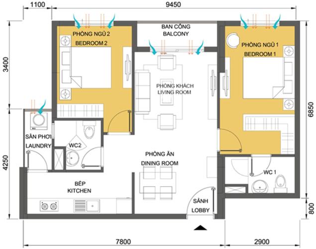 Căn hộ 2 phòng ngủ 67.8m2 T4A-03 Căn hộ hướng Tây Bắc tầng cao Masteri Thảo Điền