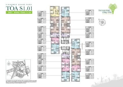layout tháp S1.01 dự án Vinhome Grand park quận 9 Căn hộ Vinhomes Grand Park tầng trung ban công Tây Nam