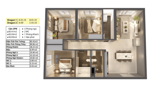 Layout căn hộ Topaz Elite, Quận 8 Căn hộ Topaz Elite tầng 32 diện tích 92m2, đầy đủ tiện ích.