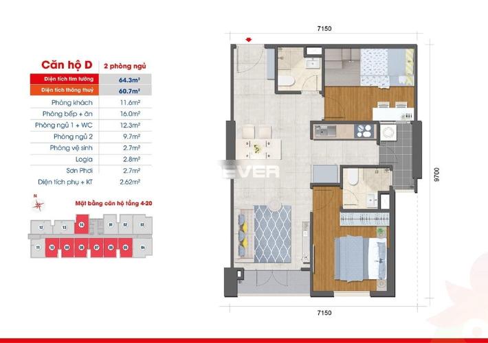 Layout West Intela, Quận 8 Căn hộ West Intela tầng 7, nội thất cơ bản, 2 phòng ngủ.