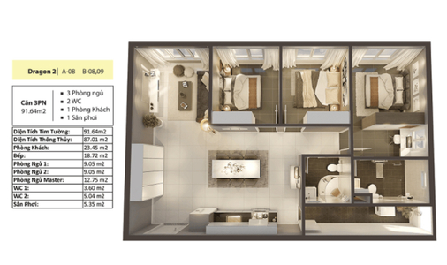 Layout căn hộ Topaz Elite, Quận 8 Căn hộ Topaz Elite diện tích 92m2 có 3 phòng ngủ, không nội thất.