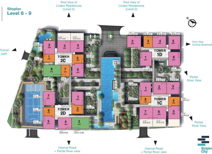 Layout tầng căn hộ Empire City, Quận 2 Căn hộ Empire City tầng 4 thiết kế hiện đại, ban công hướng Đông Nam.