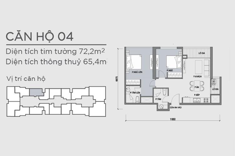 Mặt bằng căn 2 phòng ngủ mã căn 04 Căn hộ Vinhomes Central Park tầng 14 có 2 phòng ngủ, đầy đủ nội thất.