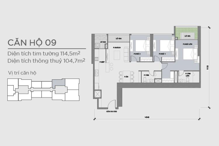 Mặt bằng căn hộ 3 phòng ngủ Căn hộ Vinhomes Central Park nội thất cơ bản diện tích 114.5m².