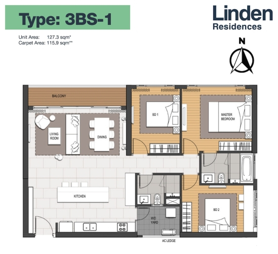 Layout căn hộ Empire City, Quận 2 Căn hộ Empire City tầng 32 thiết kế 3 phòng ngủ, nội thất cơ bản.