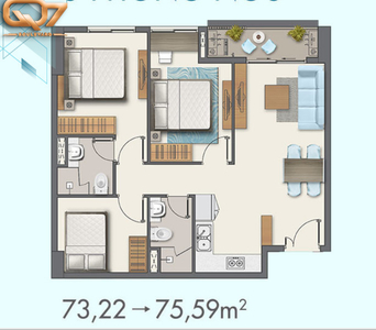 Layout Căn hộ Q7 Boulevard, Quận 7 Căn hộ Q7 Boulevard thiết kế 3 phòng ngủ, không có nội thất.