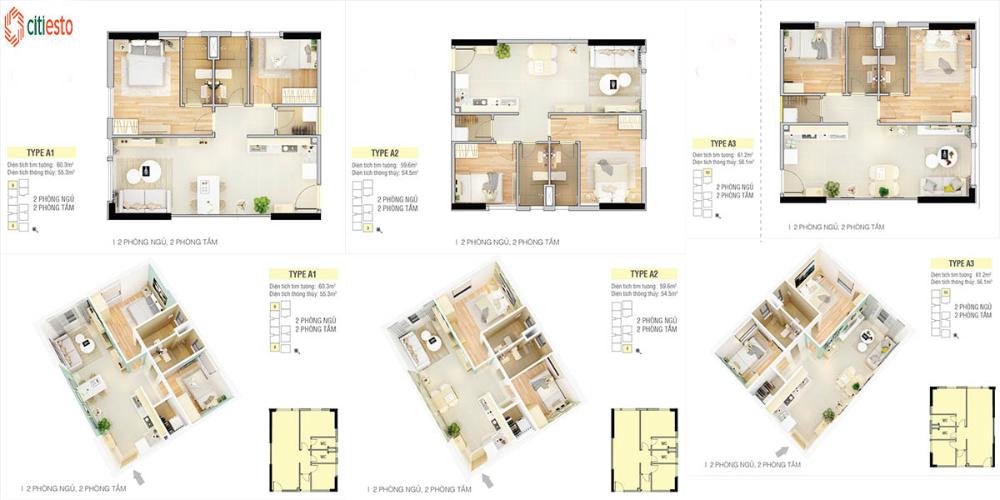 Citi Esto - Layout căn hộ 2 phòng ngủ