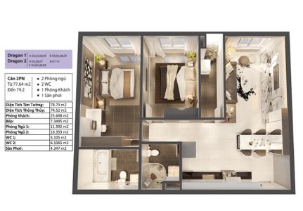 Phối cảnh căn hộ Topaz Elite Căn hộ Topaz Elite tầng trung, ban công hướng Đông Nam, 2 phòng ngủ.