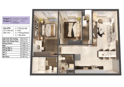 Phối cảnh căn hộ Topaz Elite Căn hộ 2 phòng ngủ Topaz Elite ban công hướng Tây Bắc thoáng mát.