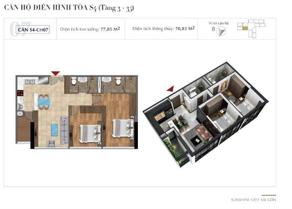 Layout căn hộ Sunshine City Saigon, Quận 7 Căn hộ Sunshine City Saigon tầng 28, diện tích 77.85m2 nội thất cơ bản.