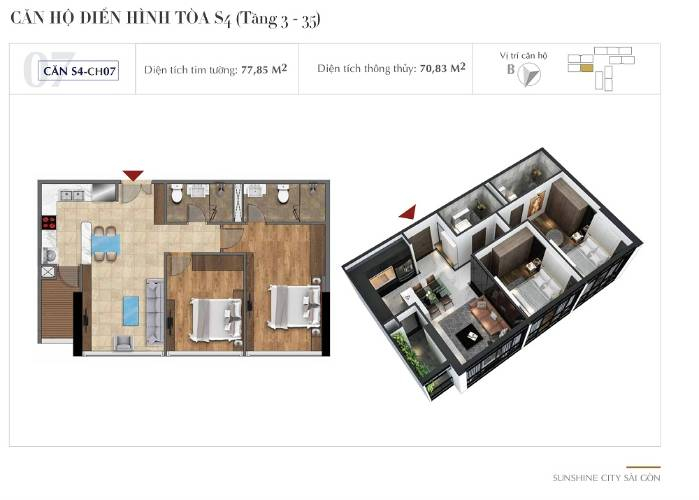 Layout căn hộ Sunshine City Saigon, Quận 7 Căn hộ Sunshine City Saigon tầng 28, diện tích 77.85m2 nội thất cơ bản.