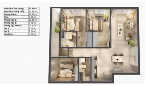 Layout căn hộ Topaz Elite, Quận 8 Căn hộ Topaz Elite tầng 12A diện tích 85m2, bàn giao không nội thất.