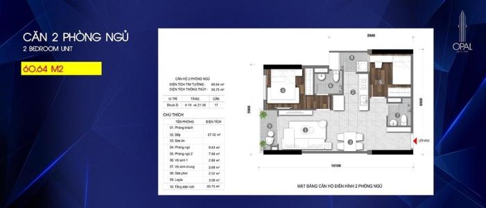 Layout Opal Skyline Căn hộ Opal Skyline nội thất cơ bản diện tích 64.36m²