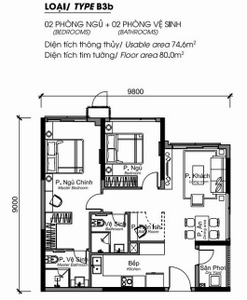 Layout căn hộ Diamond Alnata Plus, Quận Tân Phú Căn hộ Diamond Alnata Plus hướng ban công đông bắc không có nội thất diện tích 80m²