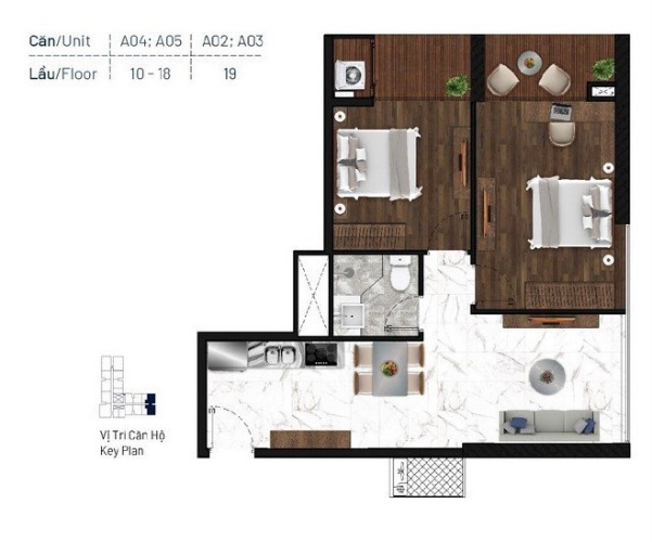 Layout căn hộ Sunshine Horizon, Quận 4 Căn hộ Sunshine Horizon tầng 13 cửa hướng Tây Nam, nội thất cơ bản.