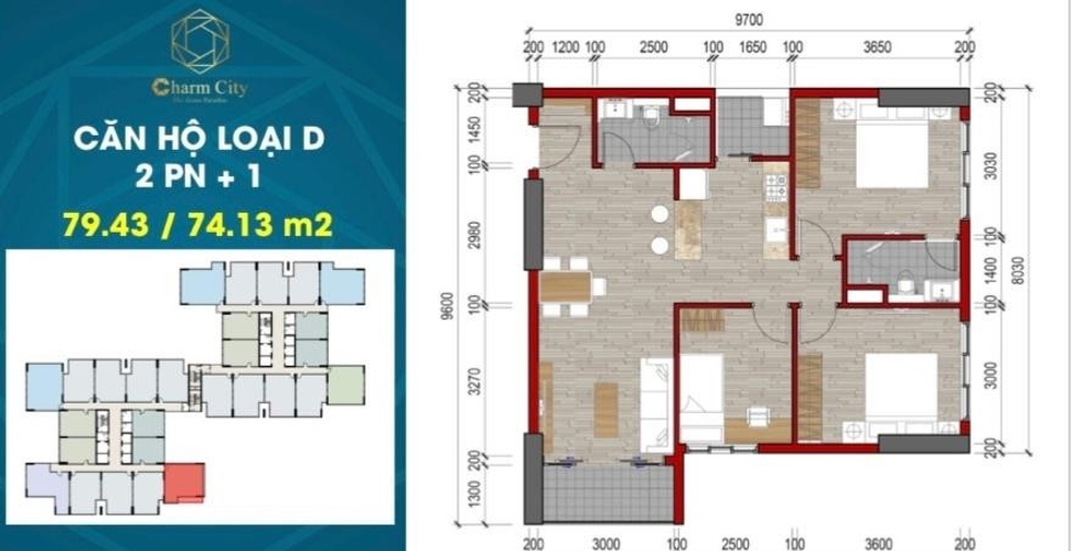 Layout căn hộ Charm City, Dĩ An Căn hộ Charm City thiết kế kỹ lưỡng, bàn giao nội thất cơ bản.