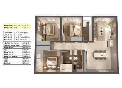 Căn hộ Topaz Elite 3 phòng ngủ, ban công hướng Đông Nam.