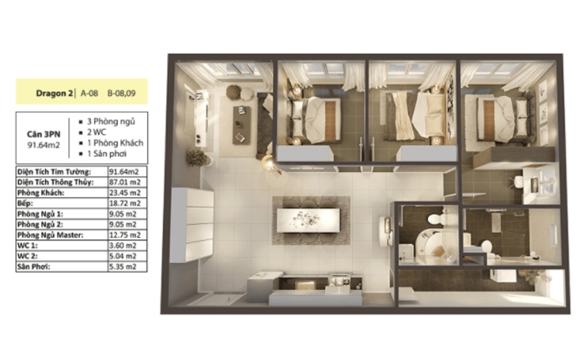 Layout căn hộ Topaz Elite, Quận 8 Căn hộ Topaz Elite diện tích 92m2, bàn giao không kèm nội thất.