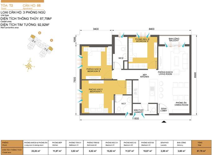 Mặt bằng căn hộ 3 phòng ngủ Căn hộ Masteri Thảo Điền 3 phòng ngủ, tầng cao view thoáng mát.