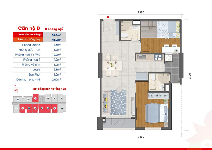 Layout căn hộ West Intela, Quận 8 Căn hộ West Intela tầng 4 thiết kế 2 phòng ngủ, bàn giao nội thất cơ bản.