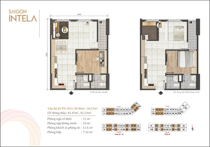 Layout căn hộ Saigon Intela, Huyện Bình Chánh Căn hộ Saigon Intela tầng 21 diện tích 50m2, nội thất cơ bản.