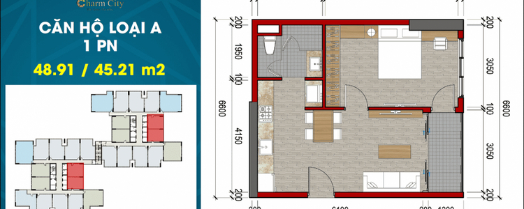 Layout căn hộ Charm City, Dĩ An Căn hộ tầng 27 Charm City thiết kế 1 phòng ngủ, nội thất cơ bản.