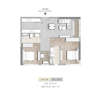 Layout căn hộ Masteri Centre Point, Quận 9 Căn hộ Masteri Centre Point hướng ban công đông nam không có nội thất diện tích 74m²
