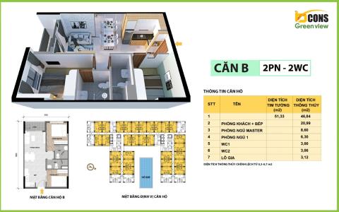 Layout Bcons Green View Căn hộ Bcons Green View tầng trung, ban công view Đông Nam.