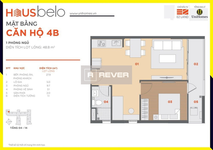 Căn hộ Hausbelo không có nội thất diện tích 48.8m².