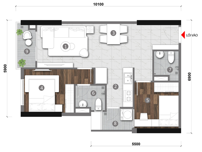 Layout căn hộ Opal Skyline Căn hộ Opal Skyline thiết kế hiện đại, ban công Tây Bắc