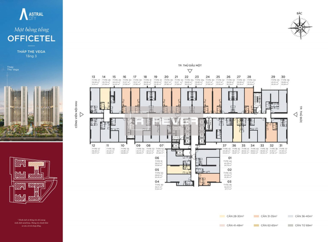  Office-tel Astral City hướng ban công bắc không có nội thất diện tích 37m²