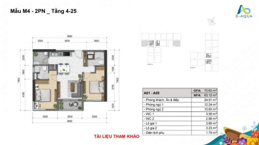  Căn hộ D-Aqua không có nội thất diện tích 70.98m².