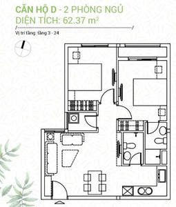 Căn hộ tầng 9 Dream Home Riverside diện tích 62.37m2, không có nội thất.