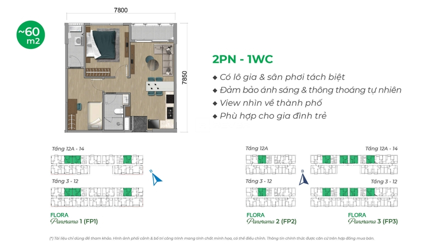  Căn hộ Flora Panorama nội thất cơ bản diện tích 59.87m².