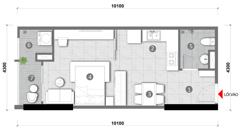 layout căn hộ Opal Skyline Căn hộ Opal Skyline hướng ban công bắc không có nội thất diện tích 40m²