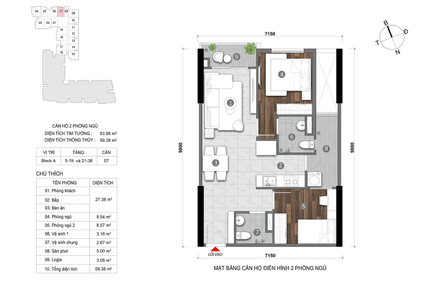  Căn hộ Opal Skyline hướng ban công bắc nội thất cơ bản diện tích 63.88m².
