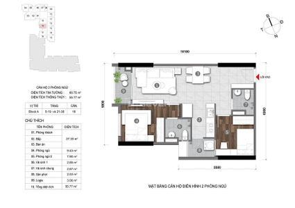  Căn hộ Opal Skyline hướng ban công tây nội thất cơ bản diện tích 60.75m².