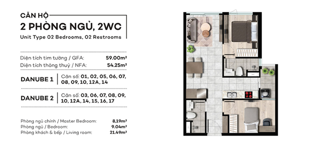  Căn hộ Westgate nội thất cơ bản diện tích 59m².