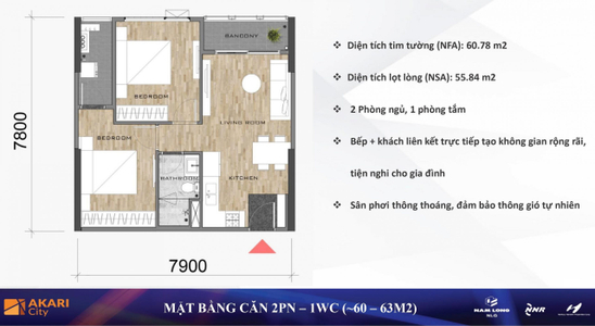  Căn hộ Akari City hướng ban công đông nội thất cơ bản diện tích 63m²