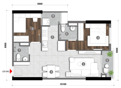 Layout căn hộ Opal Skyline Căn hộ Opal Skyline hướng ban công đông không có nội thất diện tích 60.64m²