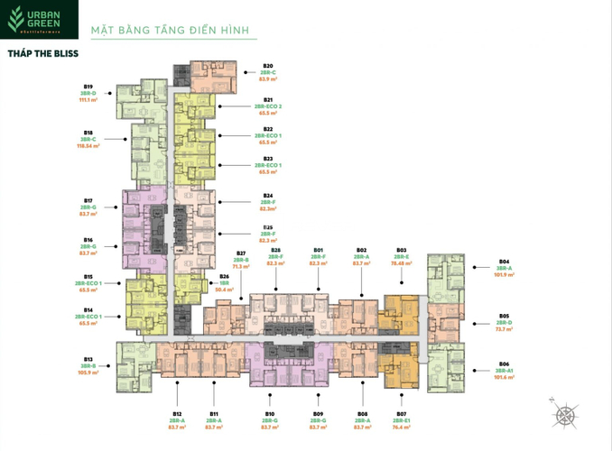  Căn hộ Urban Green hướng ban công tây nam không có nội thất diện tích 83.7m²